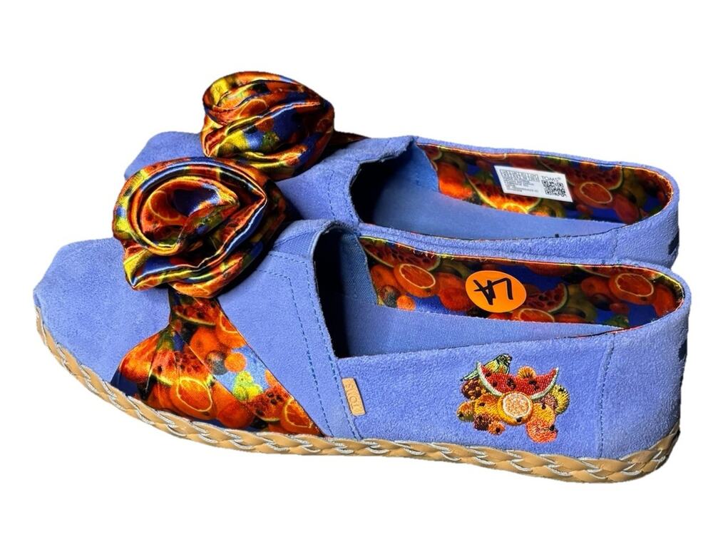 Toms Frida Kahlo Espadrille Fruit Satin 3 D Blue w Rose Wrap Alpargata Size 8.5